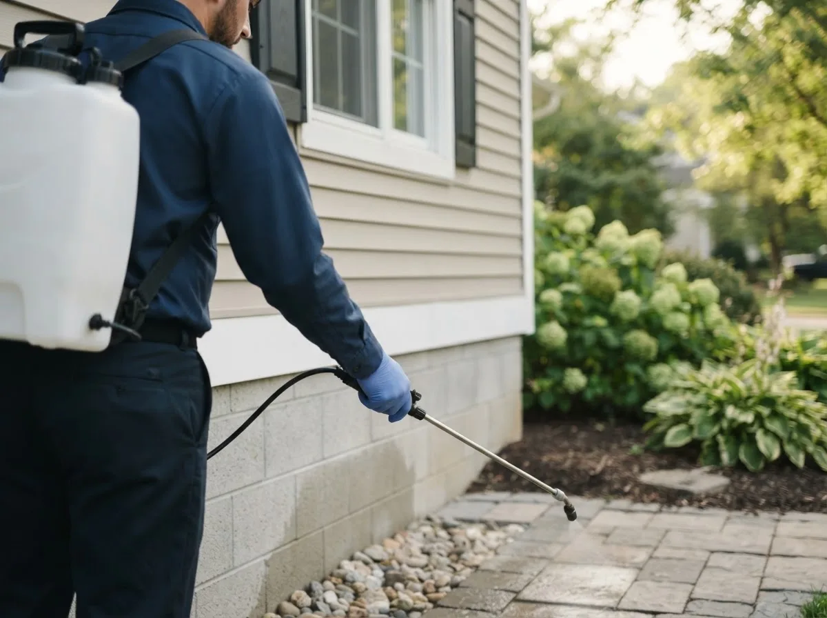 Pest control technician inspecting a home in Trimble, MO